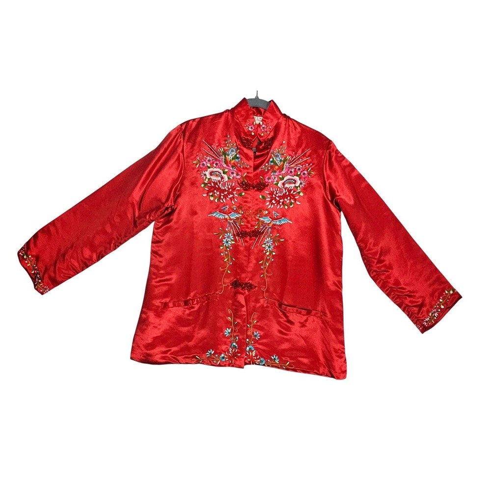 VTG Chinese Tang Jacket Silky Women M / L Embroidered Floral Phoenix Red Shirt